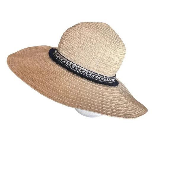 Tan wide rim floppy beach hat with navy & silver‎ ribbons - Picture 4 of 7